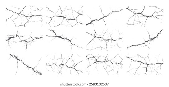 Set of sketch crack texture. Ground cracks, breaks on land surface from earthquake. old wall background crack vector. Crack collection on isolated background.