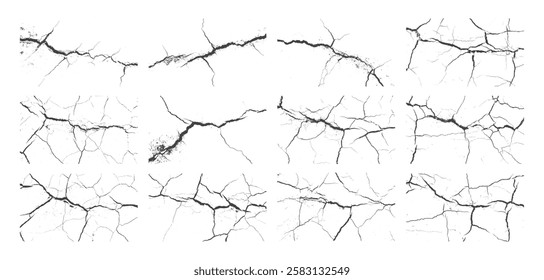 Set of sketch crack texture. Ground cracks, breaks on land surface from earthquake. old wall background crack vector. Crack collection on isolated background.