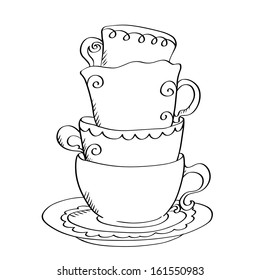 Set sketch cups and saucer isolated. Abstract design logo. Logotype art - vector