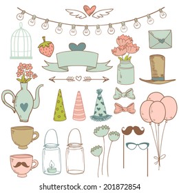 Set of sketch cute party elements. Vector illustration