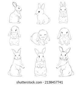 Set sketch of a cute rabbit black and white, hand-drawn on a white background. Vector Illustrations.