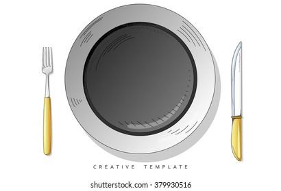 Set sketch cutlery . Plate fork and knife . Template for food presentation , advertising text . Template for cafes, restaurants, bars, hotels. Beautiful , stylish sketch background - the template .