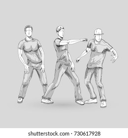 Set of Sketch Dancing Males in Different Poses on the Dance Floor. Hip Hop Choreography