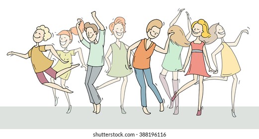 Set of sketch dancing people in different poses on the dance floor. Doodle collection of cartoon dancers, women and men funny characters. Hand drawn vector illustration isolated on white background.