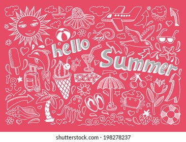 Set Of Sketch Design Element Summer Theme With Lettering Hello Summer