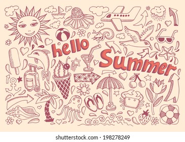 set of sketch design element summer theme with lettering Hello Summer