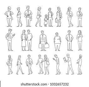 Set sketch a lot of different people. Many ordinary people on the street. Hand drawn black line vector stock illustration.