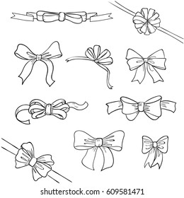 Set of sketch doodle bows. Vector illustration. 