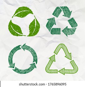 Conjunto de símbolos de reutilización del doodle de esbozo aislado sobre fondo de papel desmitificado. Señal de reciclaje para diseño ecológico estilo de vida de basura cero. Icono de reciclaje dibujado a mano. Ilustración vectorial.