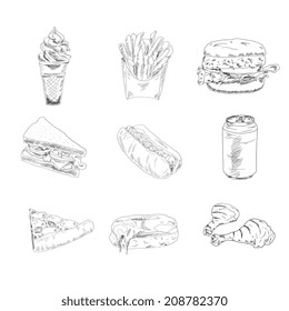 Set of sketch doodles hamburger fast food hot dog pizza icons in black vector illustration