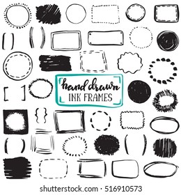 Set Of Sketch Drawn Frames. Black And White Vector Collection Of Circle And Rectangle Simple Borders.