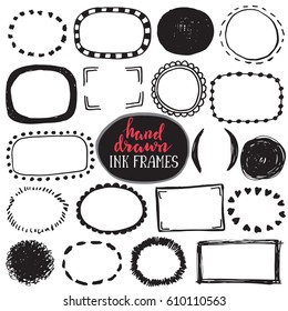 Set of sketch drawn frames. Black and white vector collection of circle and rectangle simple borders.