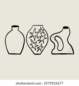 Set Sketch Elegant Ceramic Vases. Whimsical Black Line Collection Different Pottery Clay Jar. Vector Hand Drawn Illustration