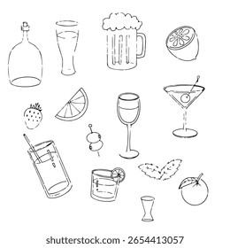 definir elementos de esboço sobre bar, coquetéis, gelo, limão, cereja, laranja, vinho, mocktail. ferramentas barman. ilustração de arte desenhada à mão