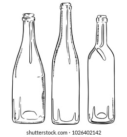 Set of sketch empty wine bottles. Vector hand drawn contour of bottles.