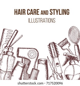 Set of sketch equipments for styling and hair care. Products and tools for home remedies of hair care. Vector