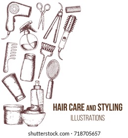Set of sketch equipments for styling and hair care. Products and tools for home remedies of hair care. Vector