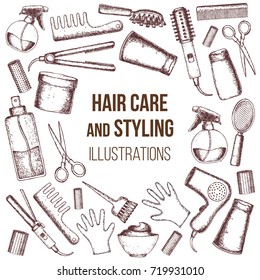 Set of sketch equipments for styling and hair care. Products and tools for home remedies of hair care. Vector
