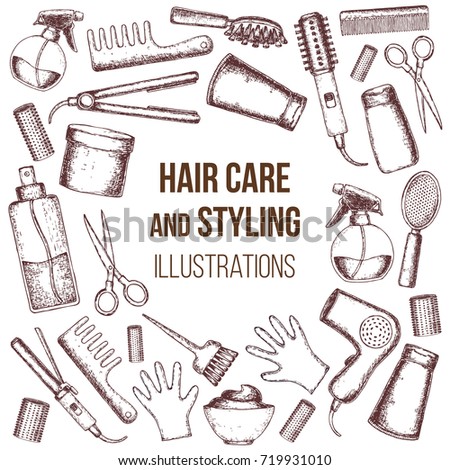 Set of sketch equipments for styling and hair care. Products and tools for home remedies of hair care. Vector