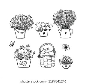 Set of sketch flowers, spring design elements