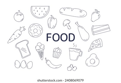 Set of sketch food. Mushroom and toast, ice cream and chicken leg, pizza and cake. Watermelon and tomato. Healthy and uhealthy eating. Linear flat vector collection isolated on white background