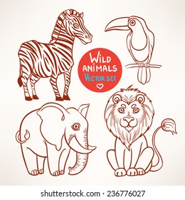 Set with sketch of four cute wild jungle animals