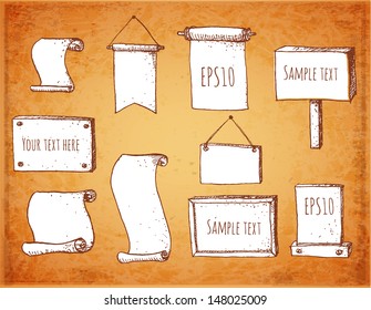 Set of sketch frames hand-drawn in vintage style. Ready for your text. Vector illustration. 