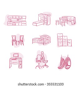 Set of sketch furniture elements: sofa, kitchen, table, computer chair, hanging chairs, halls, chairs, kitchen, children's furniture, bedroom