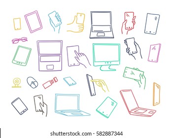 Set sketch gadgets, smartphone in hands. Monitors Electronics tablets. Illustration line, hand drawn