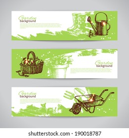 Set of sketch gardening banner templates. Hand drawn vintage illustrations	