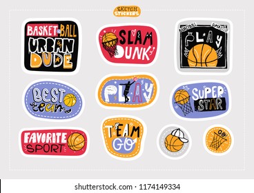 Skizze, handgezeichnete Aufkleber, Modeillustrationen für Basketball. Print Design Junge für Textilien, Scrapbook, Slogan, Sport Typografie, cooler urbaner Dude, Spiel, Team Go, Slam Dunk.