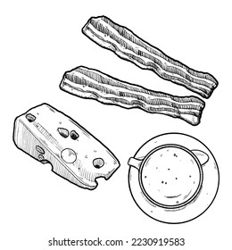 set of sketch and hand drawn breakfast lunch meal bacon cheese and coffee cup