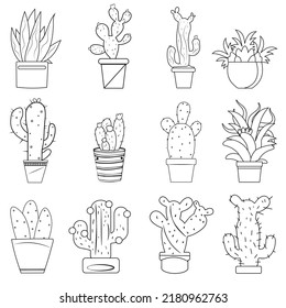 Set of Sketch hand drawn cactus coloring page and clip art.