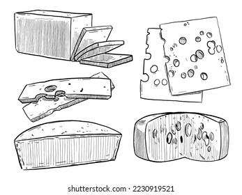 set of sketch and hand drawn cheese and butter collection set