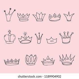 Set of sketch hand drawn crowns. Vector illustration.