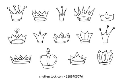 Set of sketch hand drawn crowns. Vector illustration.