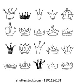Set of sketch hand drawn crowns. Vector illustration.