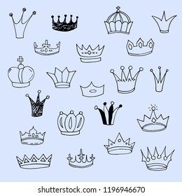 Set of sketch hand drawn crowns. Vector illustration.