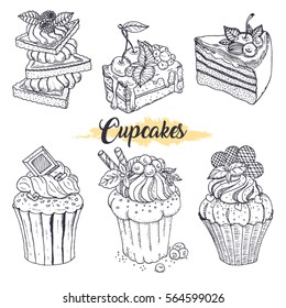 A set of sketch hand drawn cupcake with a variety of decorations. Heart, chocolate, berries, nuts, cream, jam. Sketch drawn cake for the menu design, postcards. Vector illustration isolated on a white