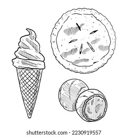 set of sketch and hand drawn dessert and sweet pie ice cream and chocolate truffle