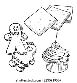 conjunto de boceto y postre a mano y galletas de pan jengibre y bizcocho