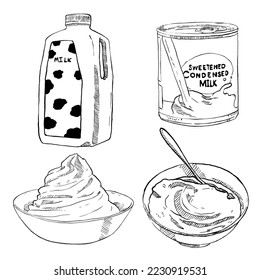 conjunto de boceto y elemento extraído a mano recolección de productos lácteos botella de yogur crema