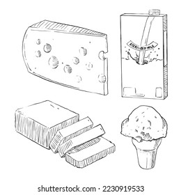conjunto de bocetos y elementos extraídos a mano recolección de productos lácteos queso mantequilla de leche y helado