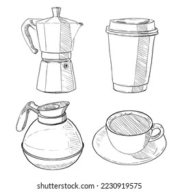 set of sketch and hand drawn element coffee collection set equipement coffee cup kettle moka pot