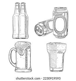 set of sketch and hand drawn element beer pint can and bottle collection set