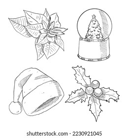 set of sketch and hand drawn element christmas collection set snow globe christmas hat holly and poinsettia