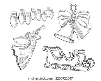 set of sketch and hand drawn element christmas collection set lightbulb angel doll snow cart and bell