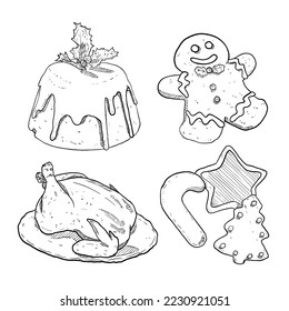 set of sketch and hand drawn element christmas collection set pudding gingerbread roasted chicken and cookies