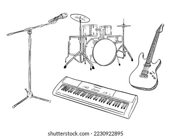 set of sketch and hand drawn engrave musical equipment microphone drum guitar and keyboard