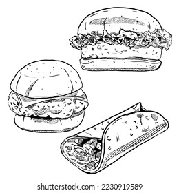 set of sketch and hand drawn fast food element burger hamburger and burrito